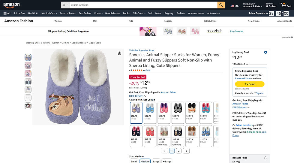 Screenshot of Snoozies Animal Slipper (Sloth Design) Product Listing