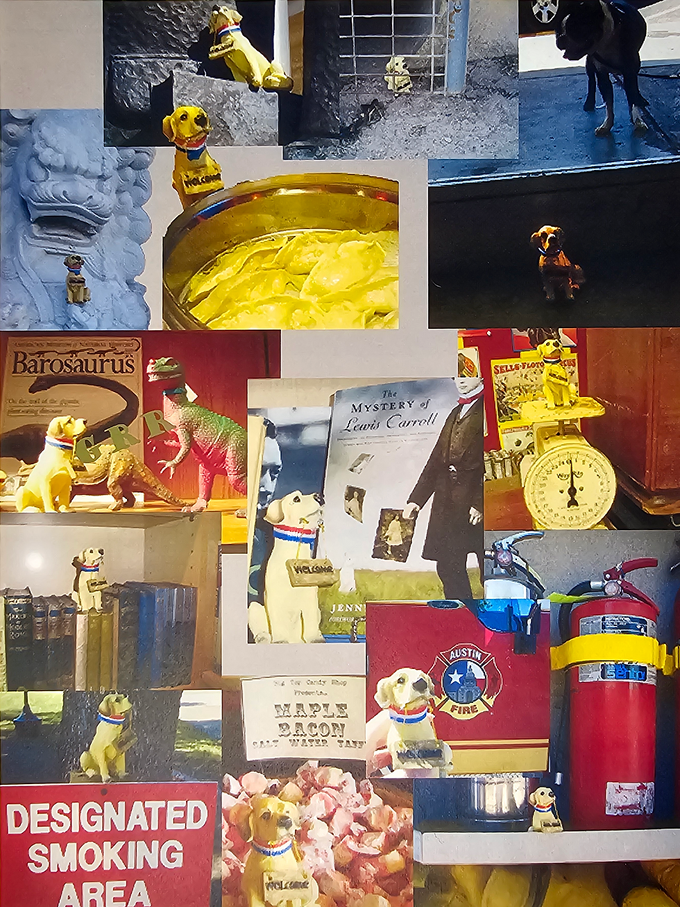 Photo Collage of a Yellow Lab Figurine in Different Locations