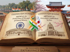 An antique open book illustration symbolizing the link between Indian and Japanese law. The left page features "CONSTITUTION OF INDIA - ARTICLE 21," the Indian Parliament, and an Ashoka Chakra, set against a backdrop of the New Delhi Republic Day parade. The right page features "CONSTITUTION OF JAPAN - ARTICLE 31," the National Diet Building, and cherry blossoms, set against a traditional Japanese pagoda. Intertwined ribbons with Indian and Japanese flag colors connect the pages. A wooden plaque in the foreground reads "26 JANUARY 2026 - EXPERIENCE JAPAN".