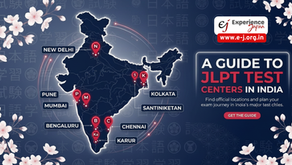 Map of official JLPT test centers in India highlighting exam cities including New Delhi, Pune, Mumbai, Chennai, Bengaluru, and Kolkata with Japanese sakura background design by Experience Japan.