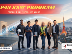 Skilled international professionals standing before the Japanese skyline representing the Japan Specified Skilled Worker (SSW) program guide by Experience Japan.
