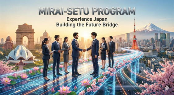 This text describes the image for search engines and screen readers) "Banner image for the MIRAI-SETU Program showing Indian and Japanese professionals shaking hands on a glowing, futuristic bridge connecting landmarks of India (Taj Mahal, India Gate) and Japan (Tokyo Tower, Mount Fuji). The text reads: 'MIRAI-SETU PROGRAM - Experience Japan - Building the Future Bridge'.