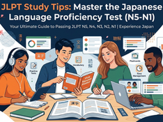 Students studying for JLPT N5 to N1 levels using Japanese textbooks and laptops, featuring Experience Japan's guide to Japanese language proficiency test preparation.