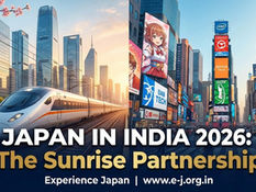 A split-view graphic titled 'Japan in India 2026: The Sunrise Partnership' featuring a Japanese Shinkansen bullet train in a modern Indian city and a vibrant street filled with Japanese tech and anime billboards, representing the India-Japan partnership.