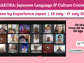 Online video meeting grid showing 34 pan-India participants and instructor Jitender Mehta attending the SAKURA introductory Japanese language course organized by Experience Japan