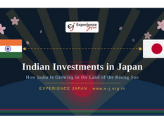 Banner image for the article on Indian Investments in Japan — featuring the Indian and Japanese flags, cherry blossoms, and the Experience Japan logo representing India-Japan bilateral economic relations