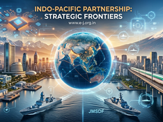 Professional banner for India-Japan Strategic Partnership featuring Mount Fuji with a Shinkansen bullet train and the Himalayas with a futuristic skyline, joined by a digital map of the Indo-Pacific and semiconductor circuit motifs