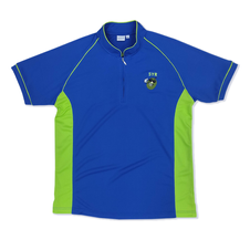 Royal blue mandarin collar t-shirt with zipper, raglan sleeves and contrast side panels, pipping on body, collar and cuffs in apple green