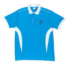 Light blue polo t-shirt with white contrast collar and cuffs, coupled with white curved side 