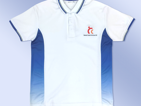 White polo t-shirt with blue side panels and tipping at collar and cuffs