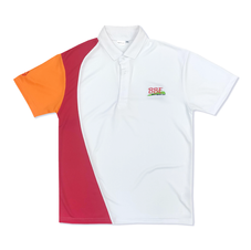 White polo t-shirt with right orange sleeve and red curved panel on right side