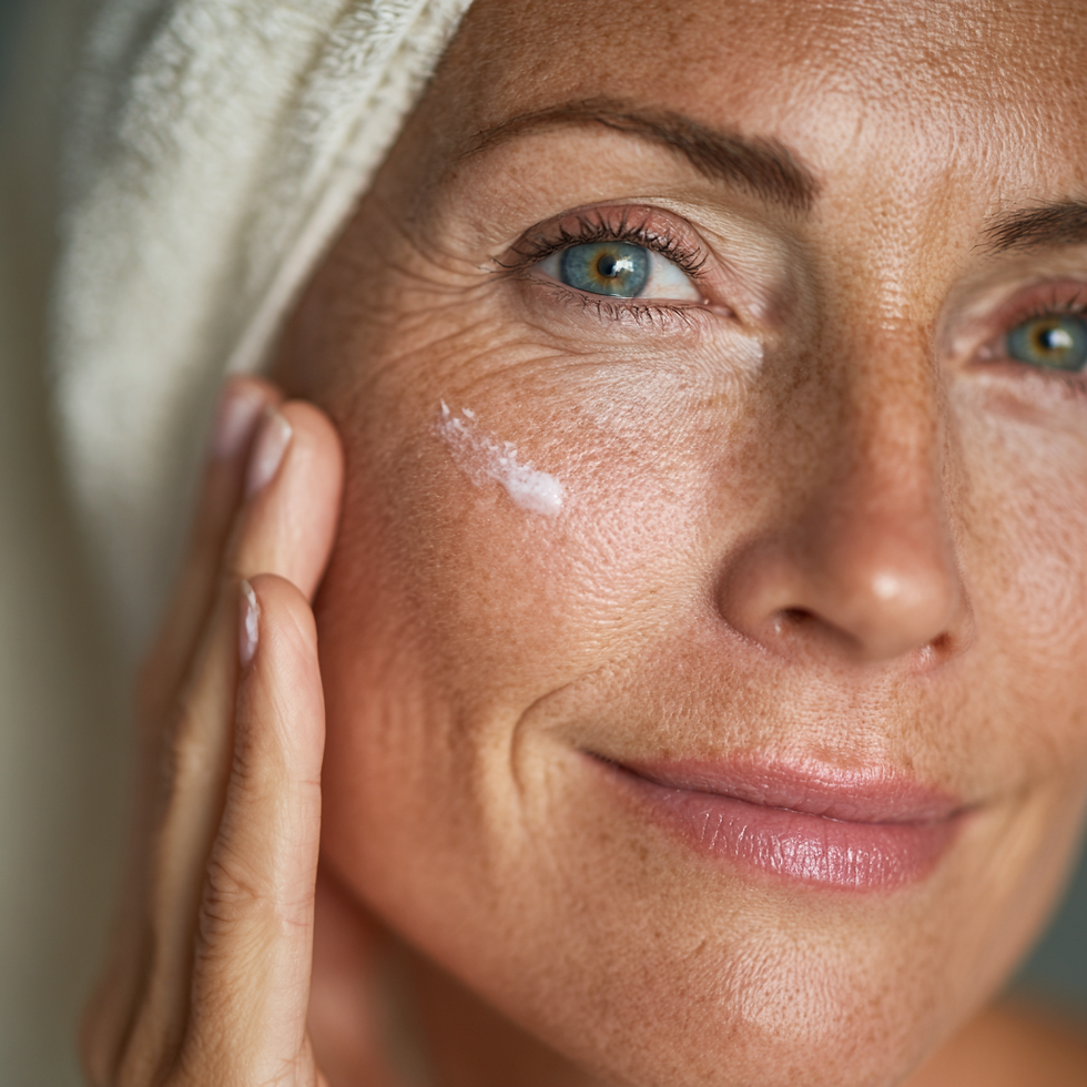 Femme souriante appliquant une crème de soin sur sa joue.