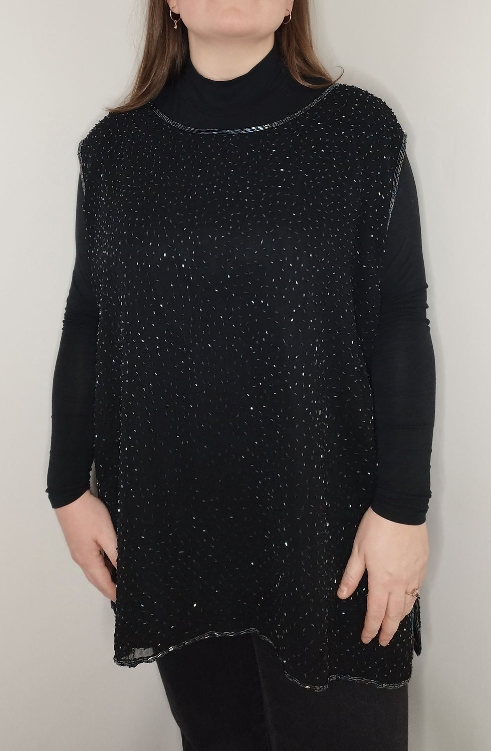 Thumbnail: Vintage Sleeveless Black Blouse with Iridescent Beads - Size 16-20