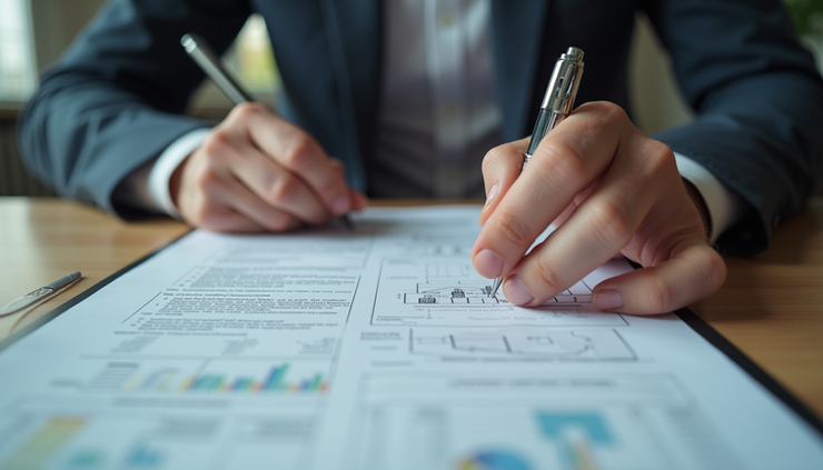 High angle view of a home inspector reviewing a detailed inspection report in Tampa