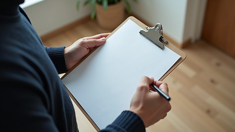 High angle view of a home inspector taking notes on a clipboard