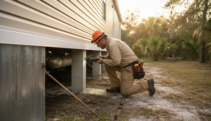 Eye-level view of an inspector looking under a manufactured home foundation area