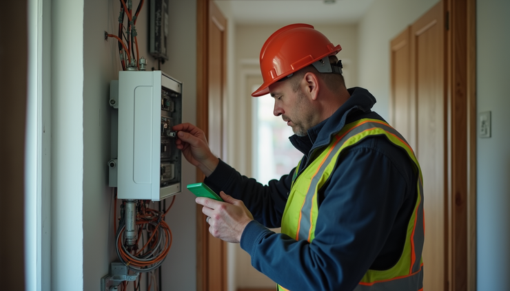 Close-up view of an inspector checking electrical panel during a 4 point inspection in Land O' Lakes