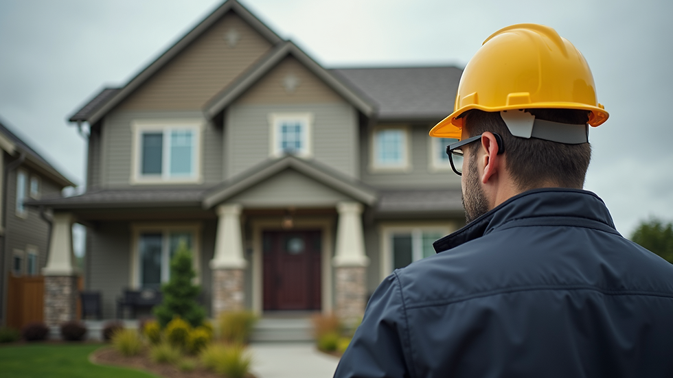 Eye-level view of a home inspector examining a house exterior