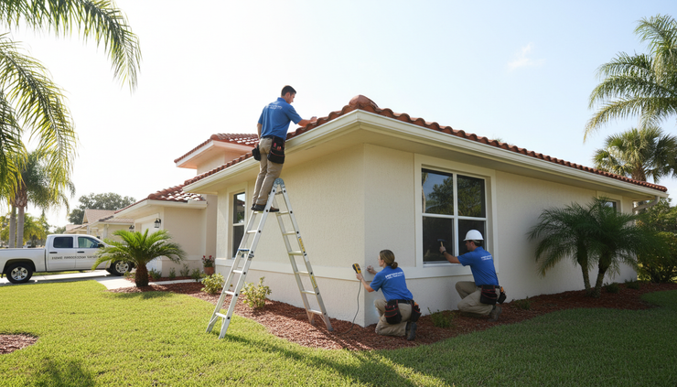 Wide-angle view of a Florida home exterior during a residential inspection