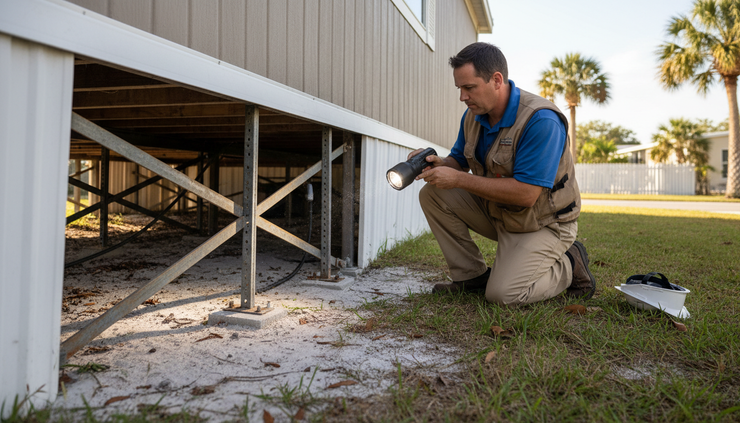 Eye-level view of an inspector checking the underside of a manufactured home