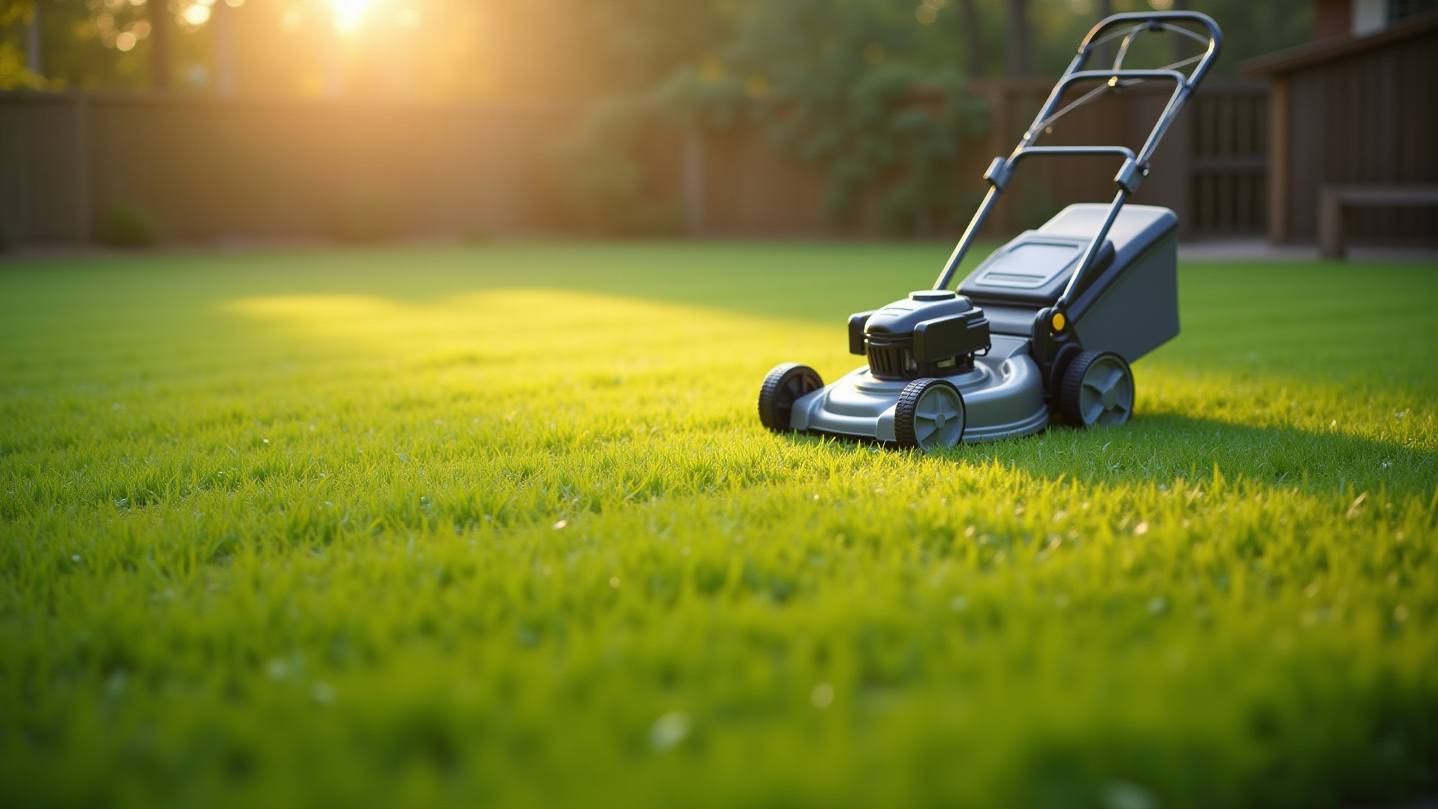 Push lawnmower on green grass under a beautiful golden sunset.