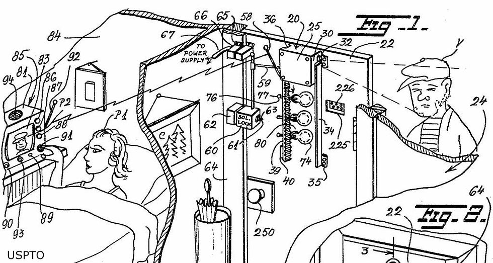 Illustration from Marie Van Brittan Brown's patent for a home security system, depicting innovative components like a camera and monitors to identify visitors at the door.