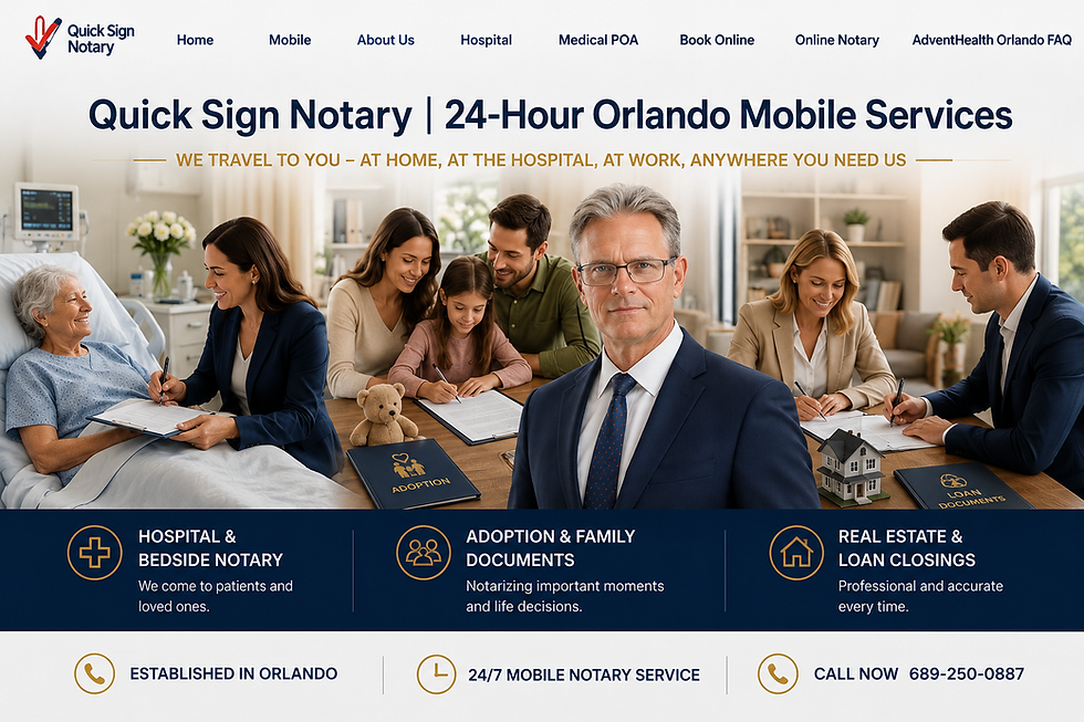 Quick Sign Notary mobile notary services in Orlando for hospital bedside visits, adoption documents, and real estate loan closings.