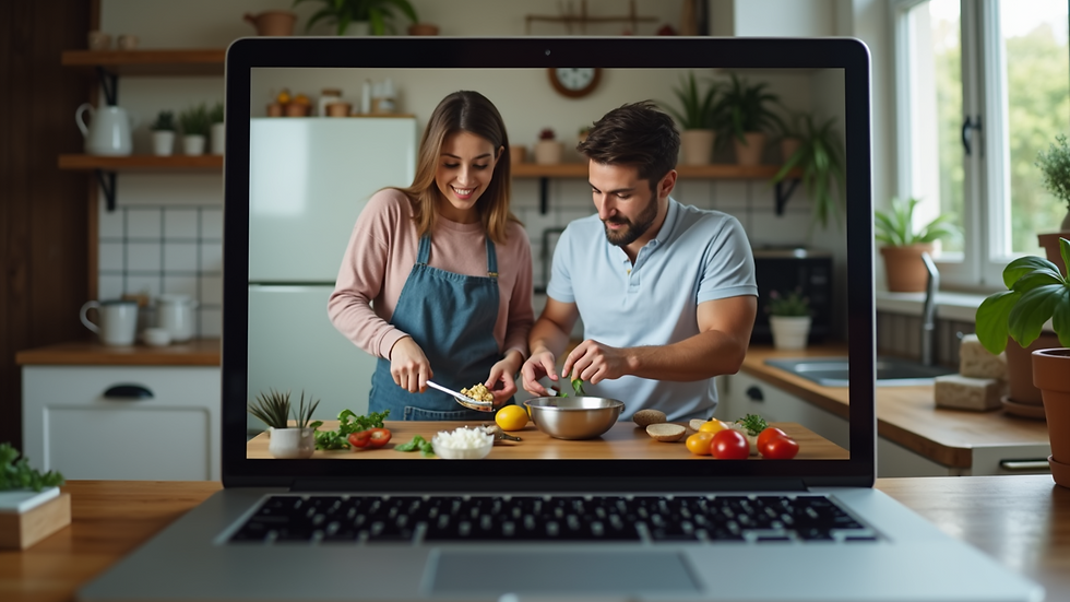 Eye-level view of a laptop screen showing a couple on a video call cooking together