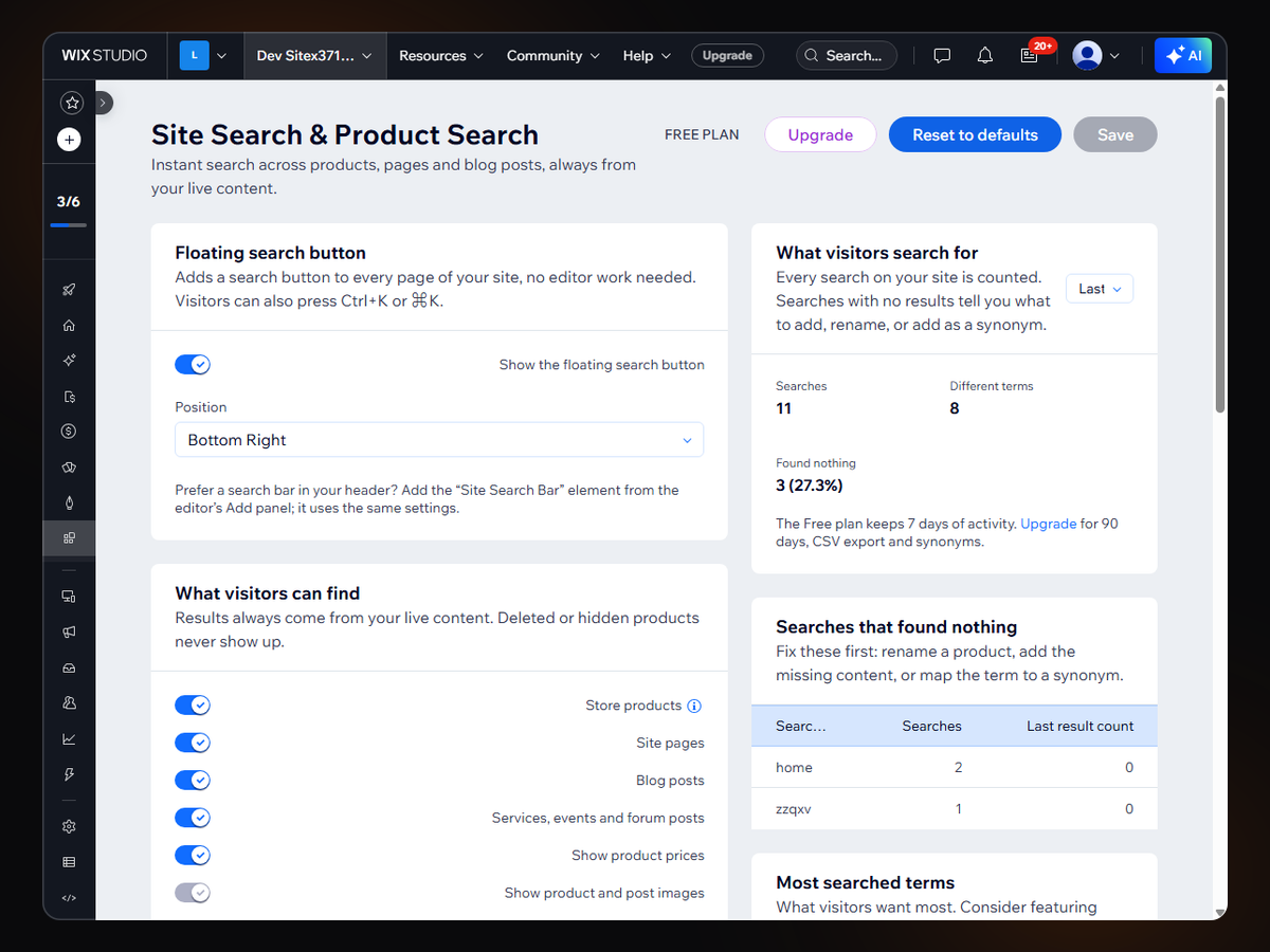 Site Search & Product Search settings interface — Search app on the Wix App Market