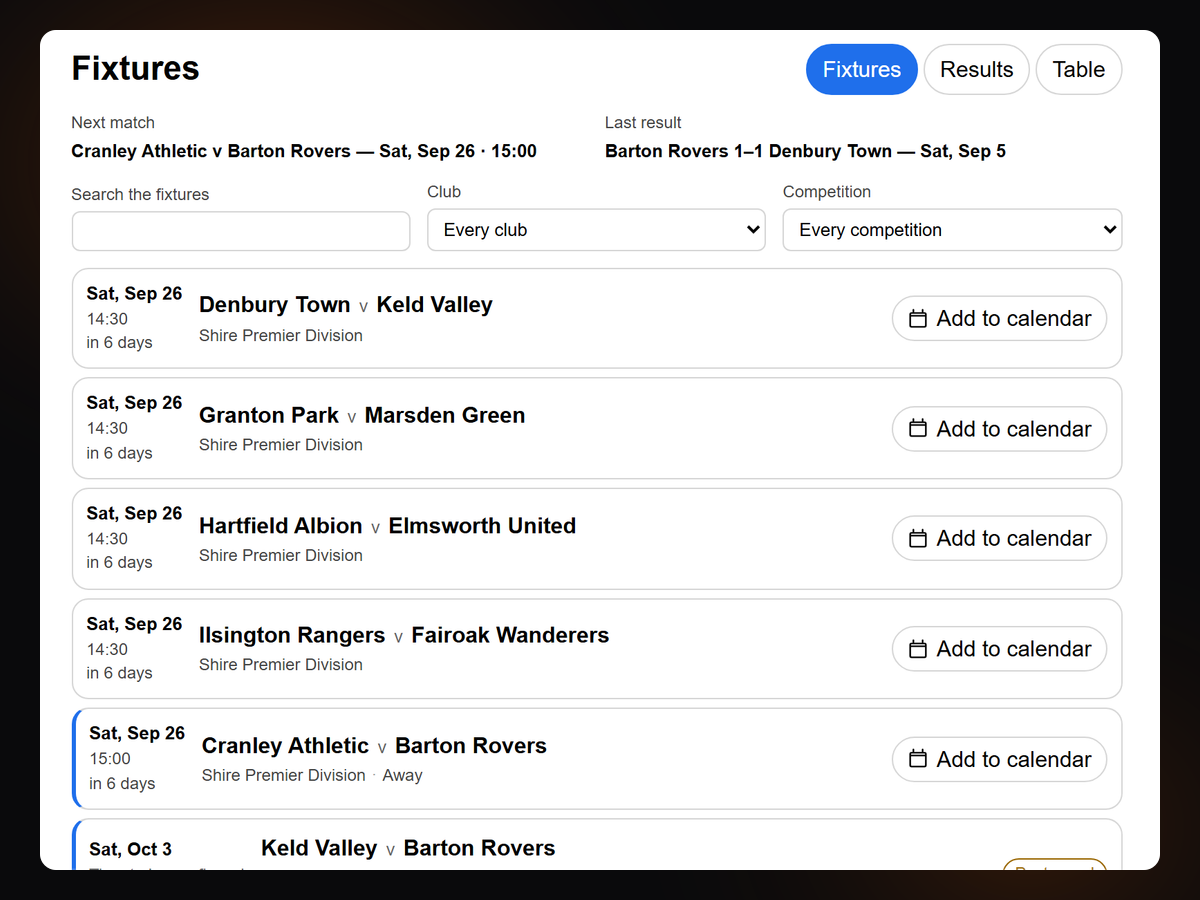 Sports Fixtures & League Table screenshot 2
