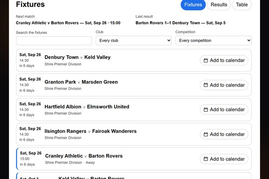 Sports Fixtures & League Table banner