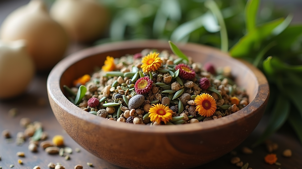 Close-up view of dried herbs and flowers in a wooden bowl