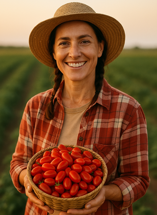 Mulher sorrindo segurando um cesto com tomate grape