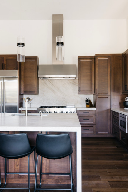 A modern transitional kitchen with taj mahal quartzite countertop and backsplash
