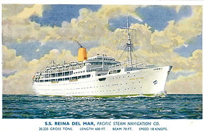 Illustrated postcard of Reina del Mar at sea with a yellow funnel and white hull