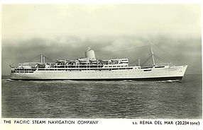 Black and white postcard showing the passenger ship Reina del Mar in PSNC
