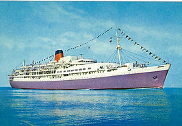 Colour postcard of Reina del Mar at sea in later cruise livery