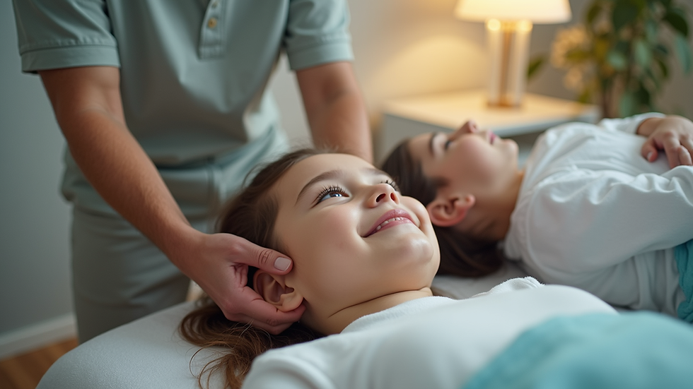 Eye-level view of a family enjoying a chiropractic session together