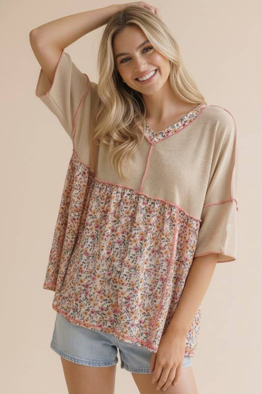 Babydoll Thermal Floral Color Block Knit Top