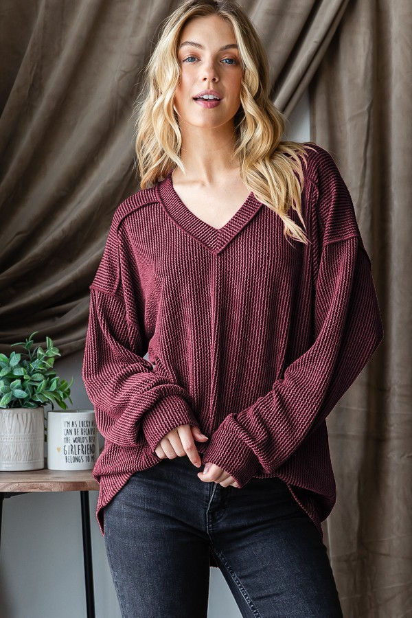 BURGUNDY | Long Puff Sleeve Solid Urban Ribbed Top