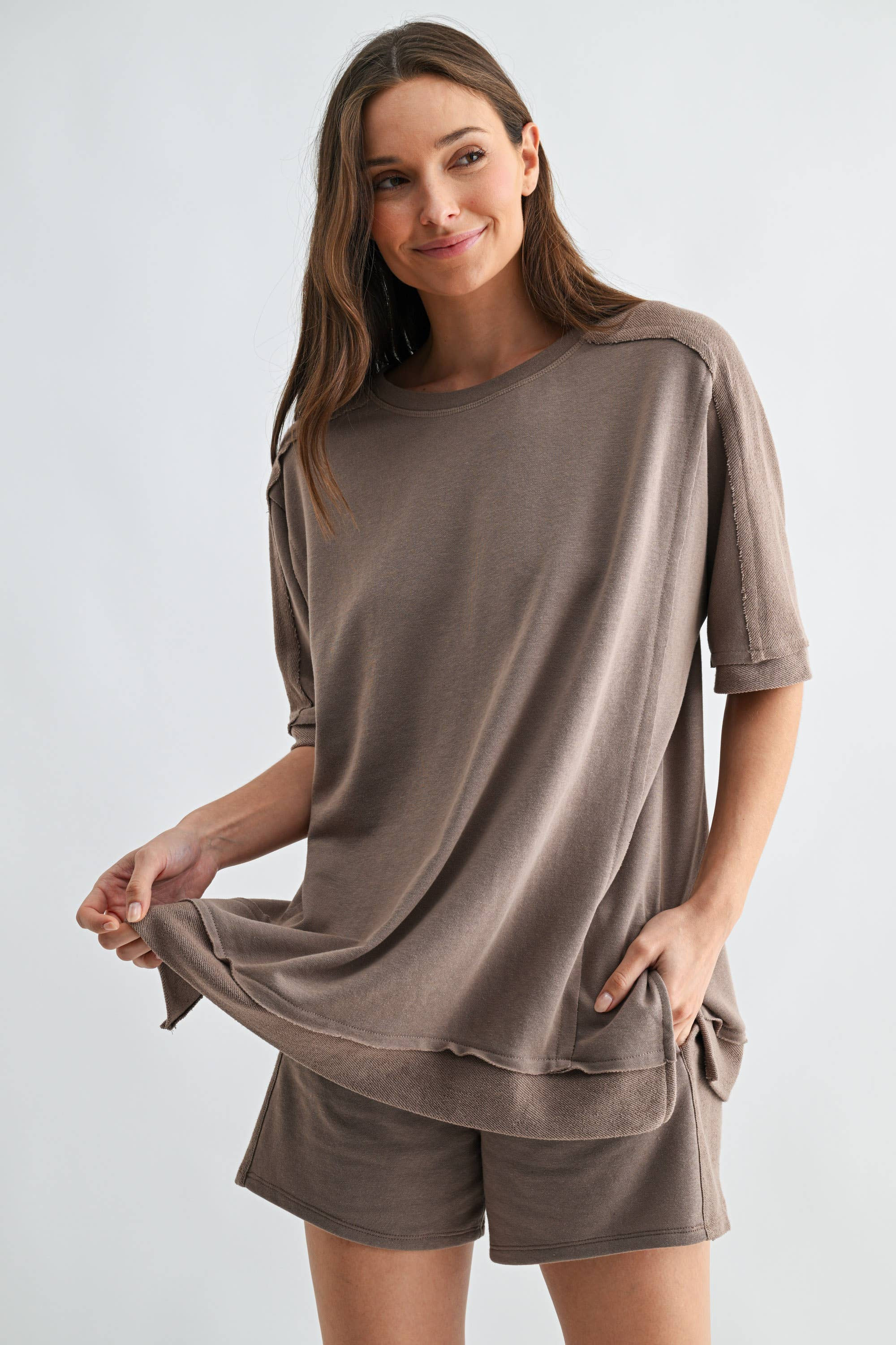 Offset French Terry Dolman Sleeve Top: SILKEN TAUPE