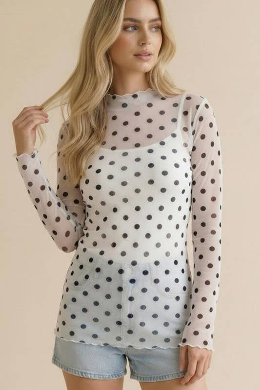 High Neck Polka Dot Mesh Top: Ivory/Black