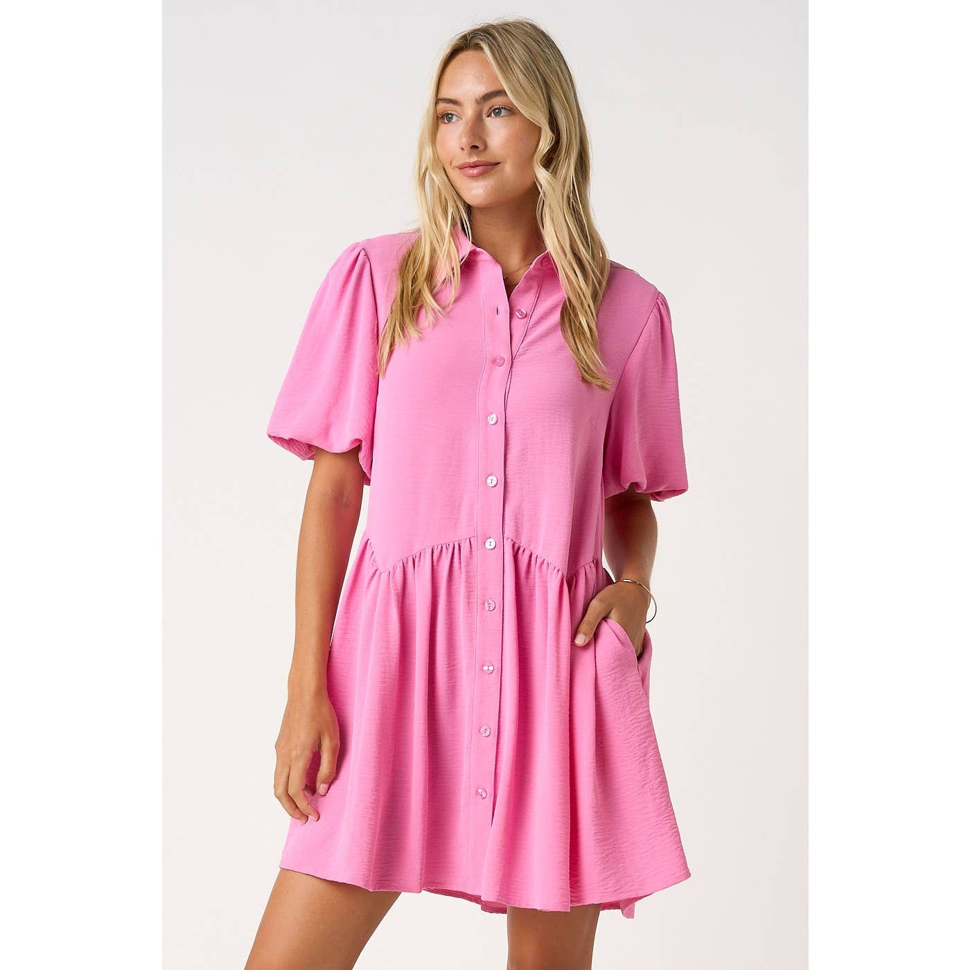 AIRFLOW SCALLOP WAIST MINI SHIRT DRESS: BUBBLEGUM