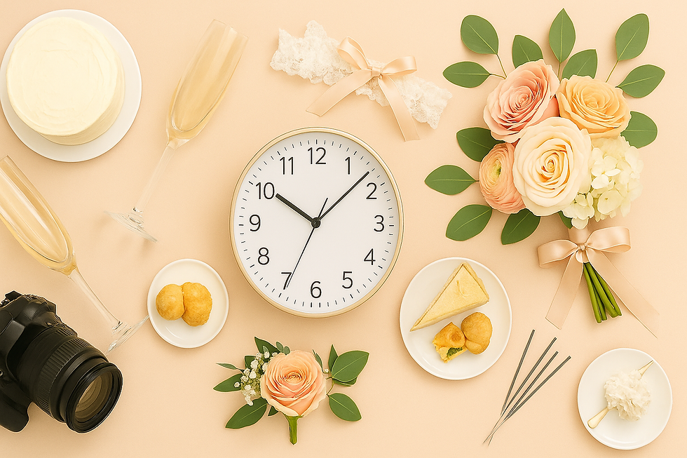 Flat lay of wedding day essentials including bouquet, champagne glasses, camera, cake, sparklers, and central clock — wedding day timeline visual.