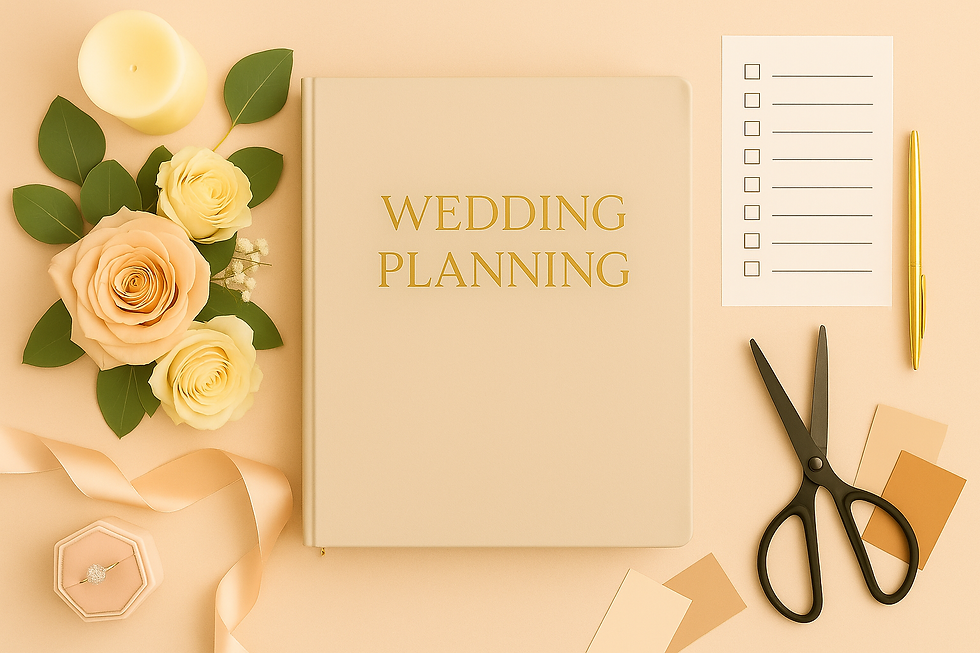 Pink wedding planner on a pink laptop and smartphone on a soft pink surface, creating a cohesive, calm monochromatic setting.