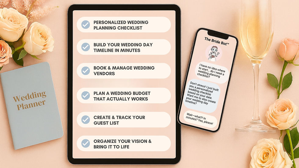 Flat lay of an iPad wedding planning checklist with personalized tasks like booking vendors, planning a wedding budget, and creating a guest list — The Bride Bot™ AI wedding planner makes it stress-free.