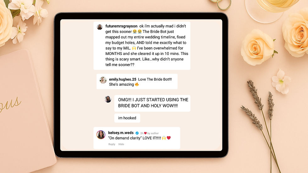 iPad on a wedding flat lay displaying Bride Bot™ social proof and testimonials from brides praising AI wedding planning checklists, timelines, and stress-free planning.