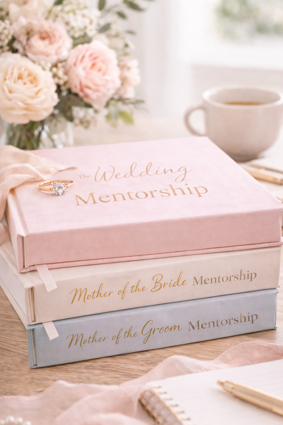 Soft, elegant stack of wedding mentorship books titled “The Wedding Mentorship,” “Mother o