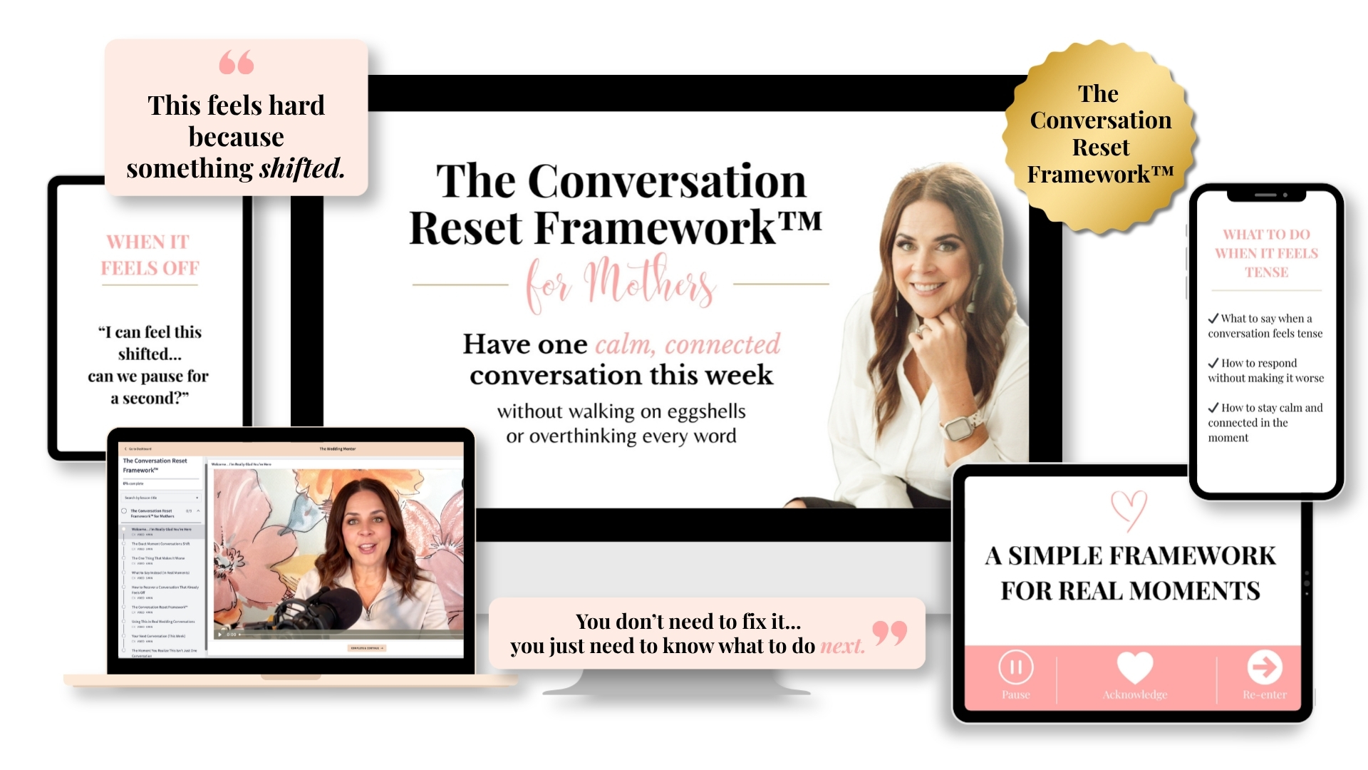 The Conversation Reset Framework for Mothers course preview showing lessons on what to say