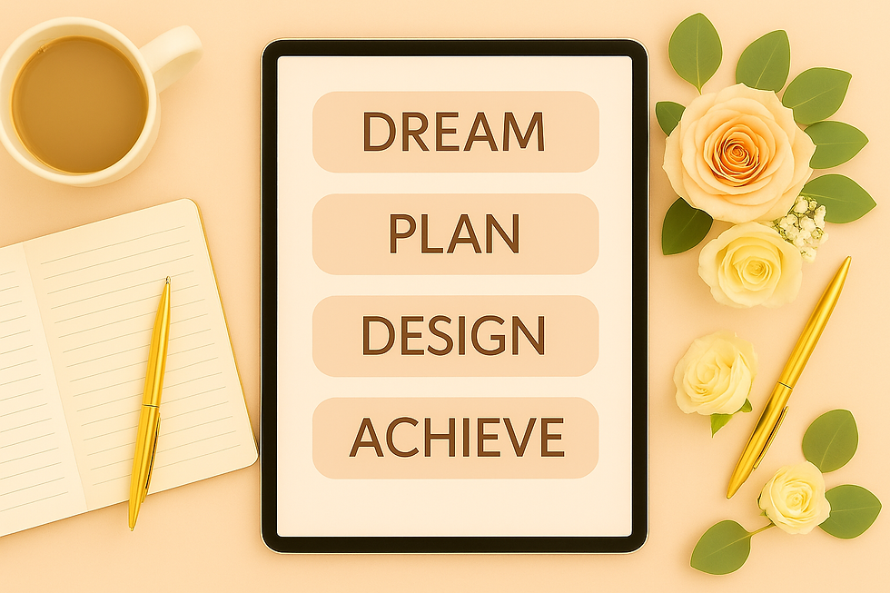 Flat lay wedding planning scene with an iPad displaying the words “Dream, Plan, Design, Ac
